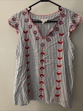 Tribal Blue & White Striped Embroidered V-Neck Camisole with Red Accents